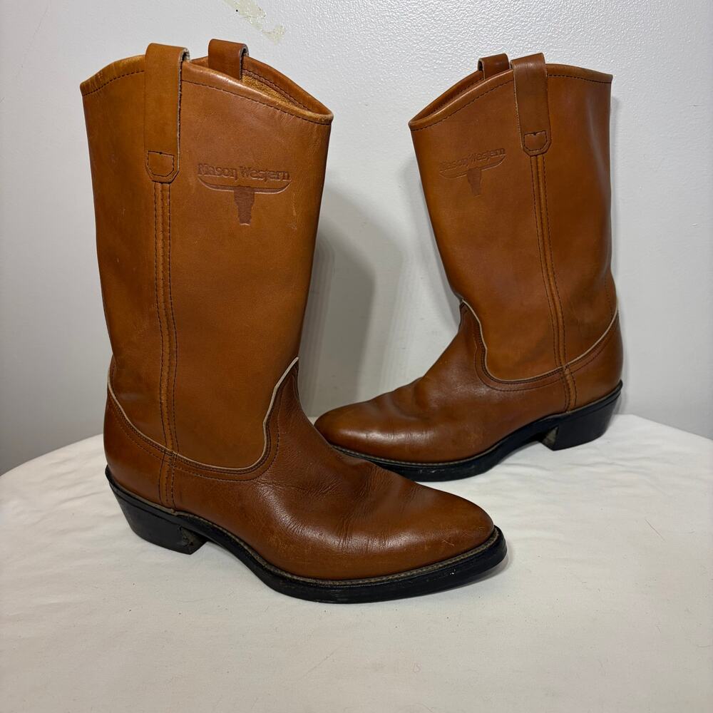 VTG Mason Western Boots Pull On Brown Leather Pull On Cowboy Point Toe Ranch 9.5